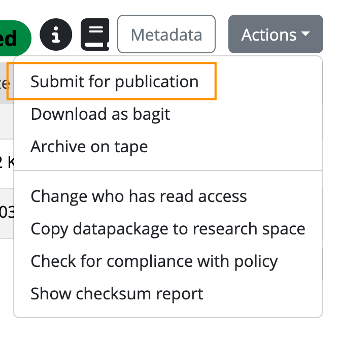 Click the Action button in the Vault area to publish the dataset