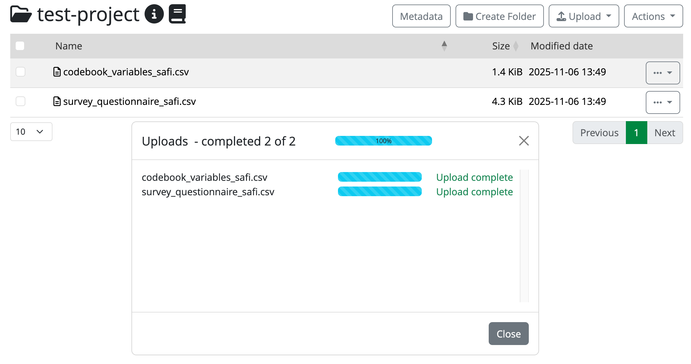 Completed uploads in the portal